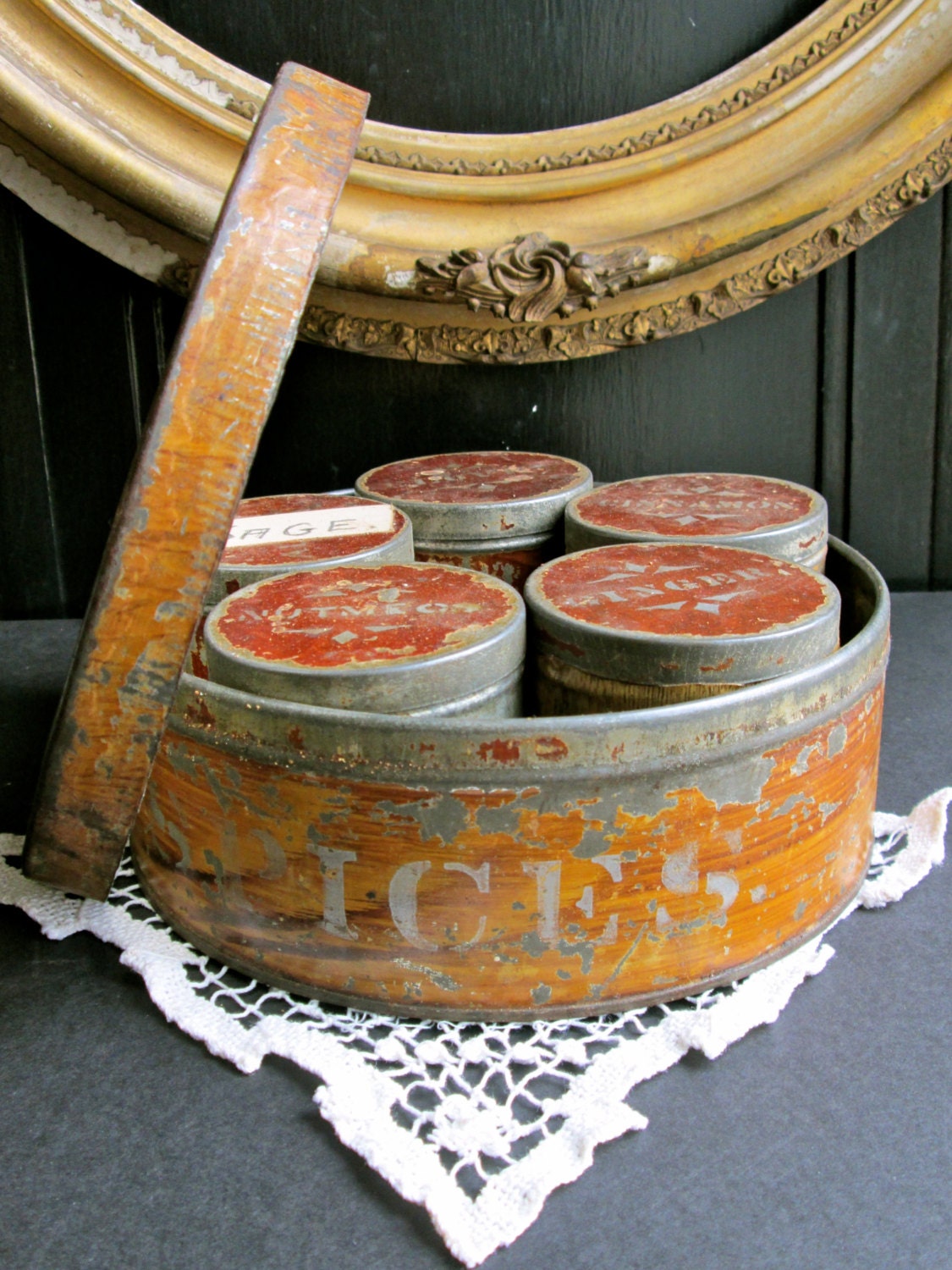Antique Spice Box & Original Filled Spice tin primitive farmhouse country rustic   housewares  home decor collectables early 1900s