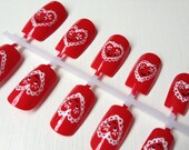Happy Hearts Handpainted Red Nail Art (20 nails)