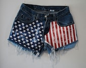 American Flag Shorts Vintage Levis High Waist Ripped  Distressed Frayed Size XS, 27" waist