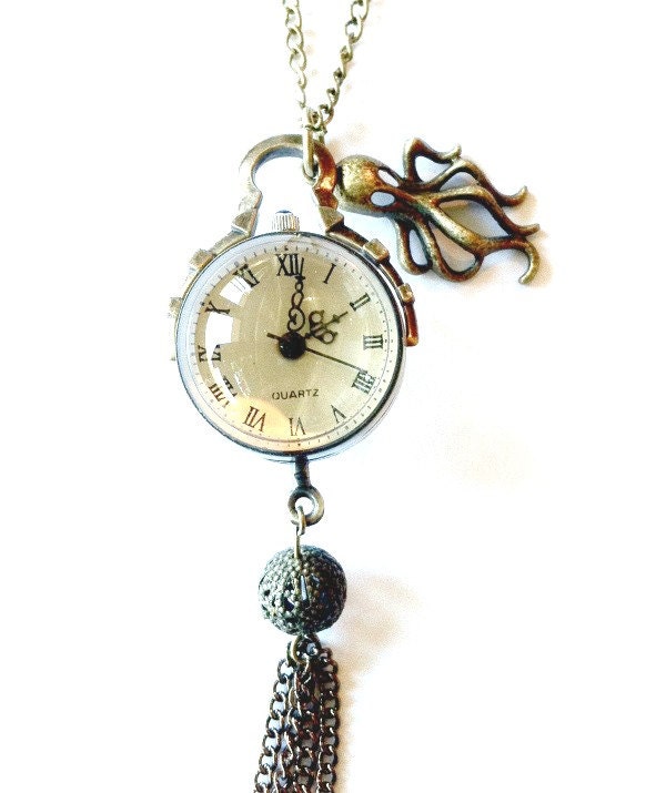 Steampunk crystal ball watch pendant antique with squid Handmade Graduation Gift Free US Shipping
