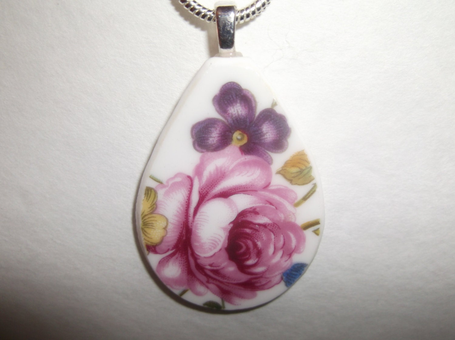 Broken China Jewelry Necklace - Handmade Pink  Rose  necklace made from a recycled broken plate OOAK -- Pendant