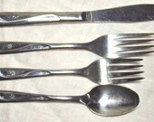 Atomic Stainless Flatware Set. Starbursts. Four-Piece Setting for Eight. Americana Star. Mid-Century Silverware.