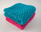 hand knit plushy cotton washcloth set in bright blue and hot pink