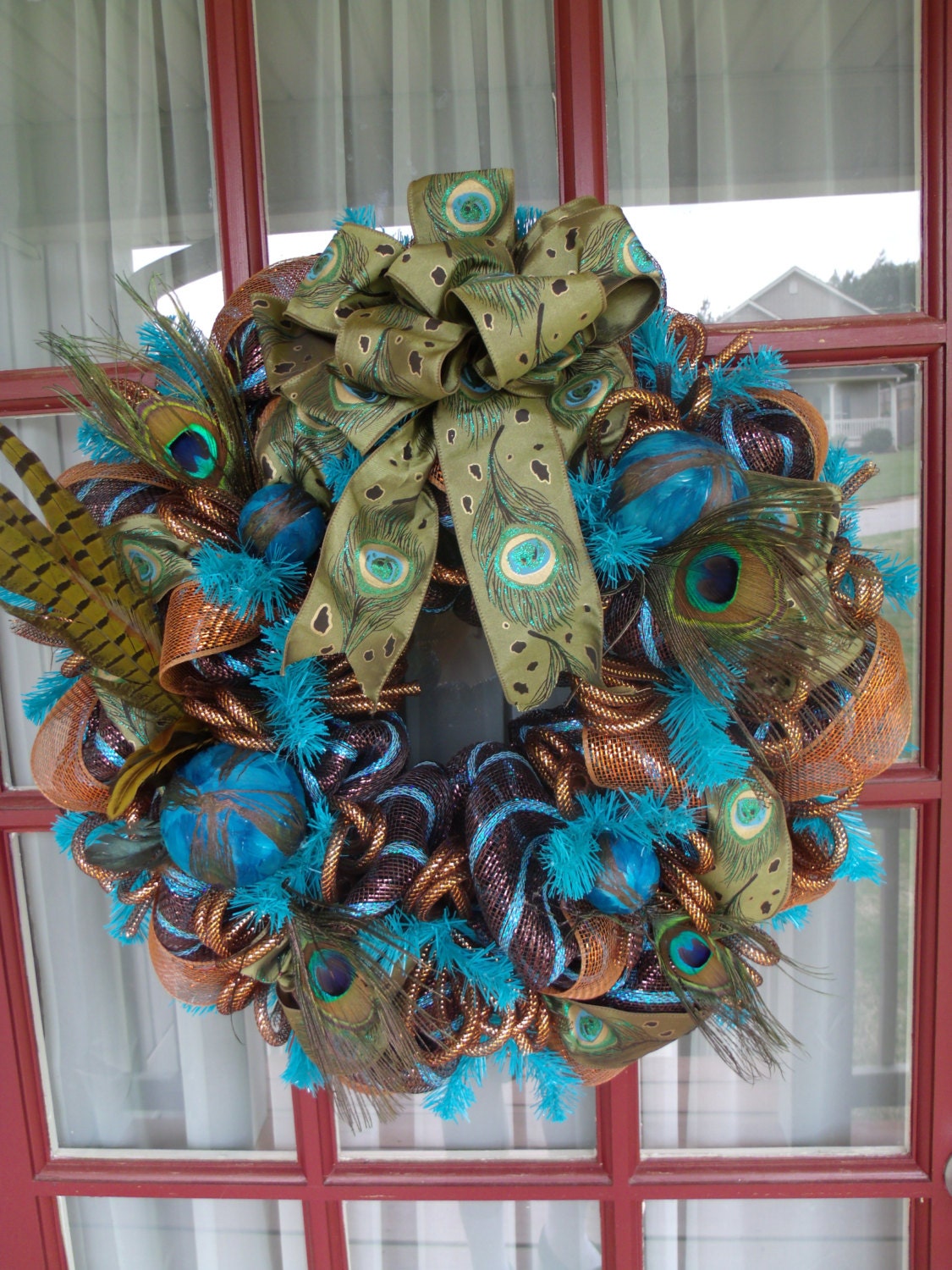 Turquoise and Chocolate Peacock Deco Mesh Door Wreath