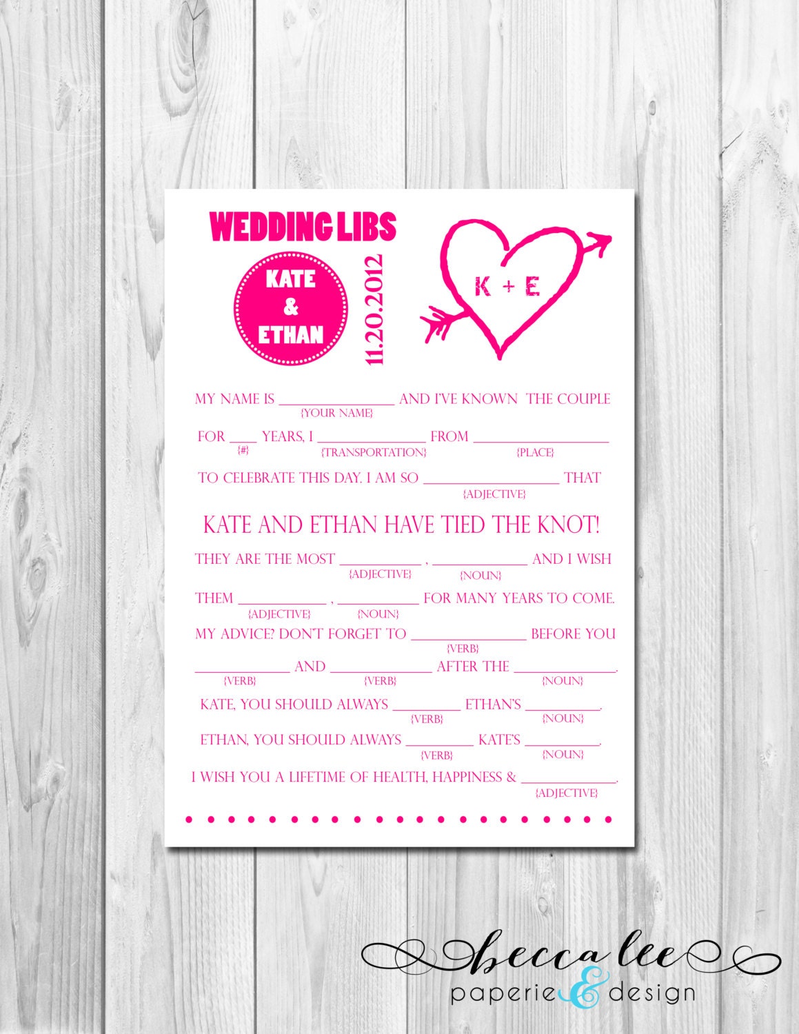 Wedding Advice Mad Lib - Heart and Arrow - Customizable - Printable Il_570xn