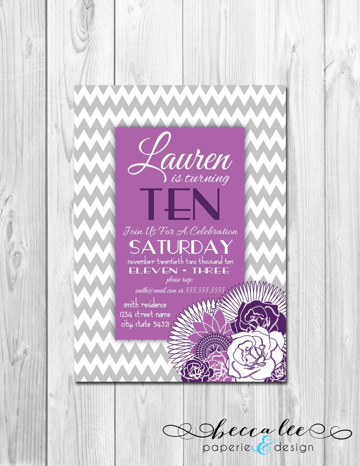 Birthday Party Invitation Chevron Stripes & Floral - Purple, Grey - DIY - Printable Il_570xn