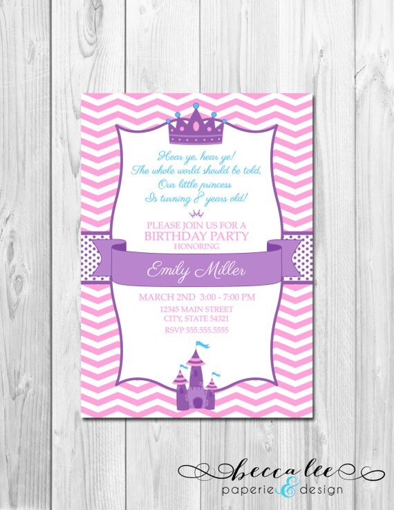 Princess Theme Invitation - Chevron Stripes - Pink & Purple - DIY - Printable Il_570xn