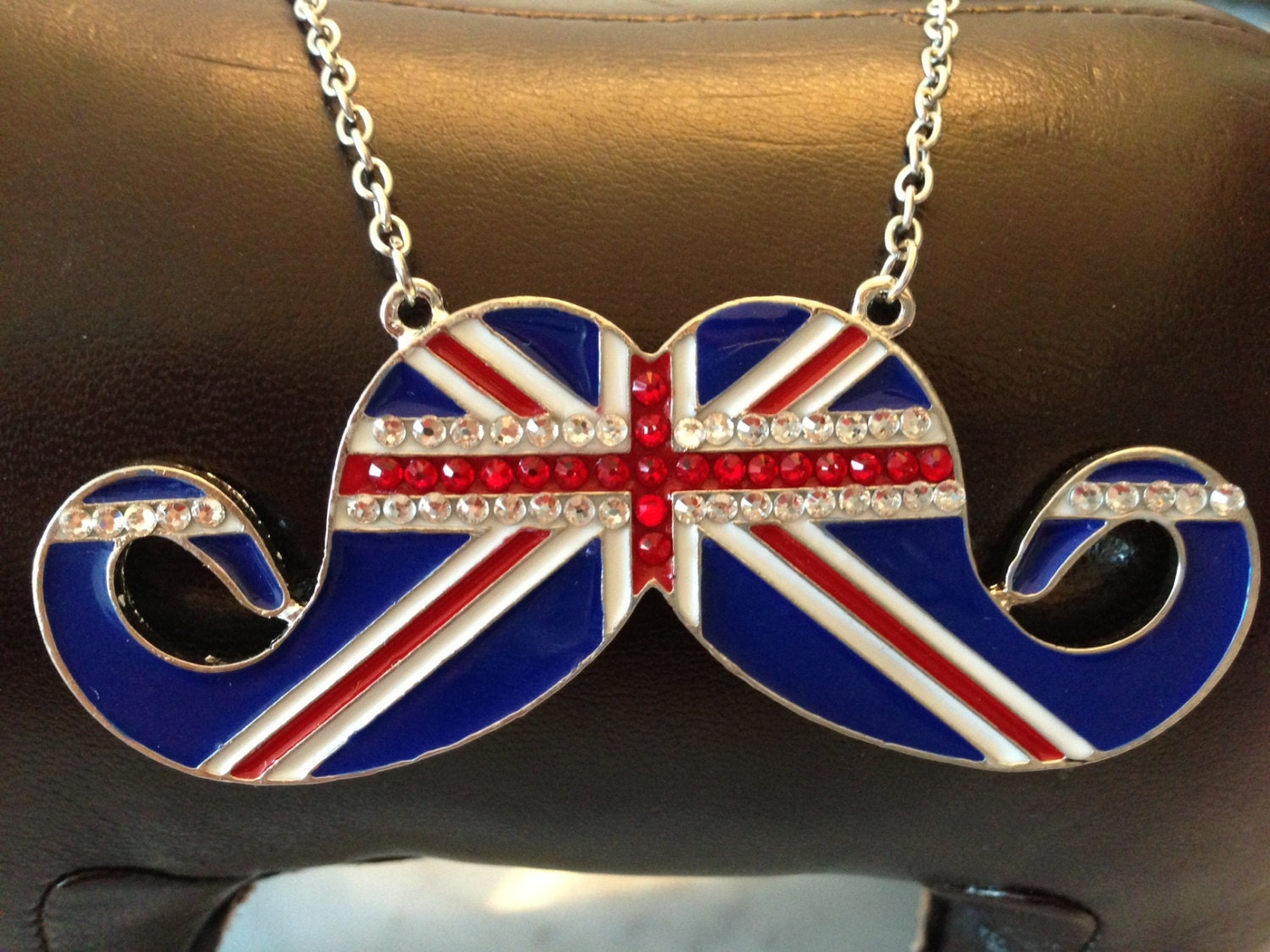 Swarovski Crystals Embellished UK Flag Cute Mustache Necklace