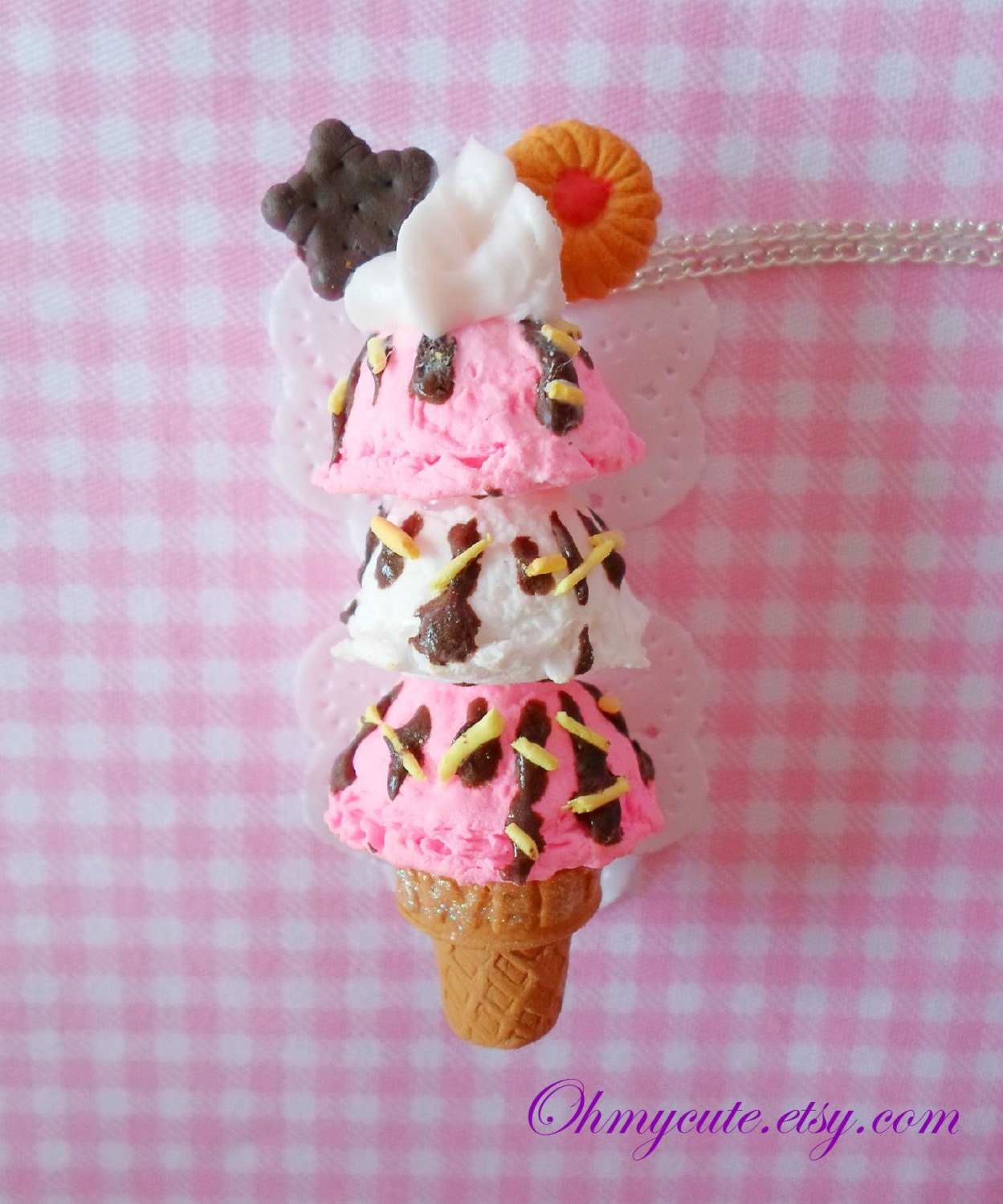 Ice Cream Cone Necklace -  Strawberry and Cream - Sweet Deco Decoden Cute Kawaii Handmade Miniature Sweet Jewelry