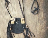 medicine bag- black suede pouch with black leather fringe and beaded detail
