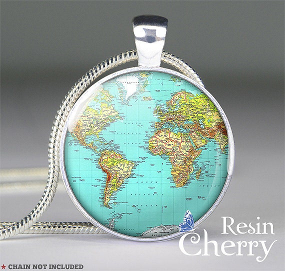 vintage World necklace pendants, map pendant charm, photo pendant, resin pendant- M8005CP