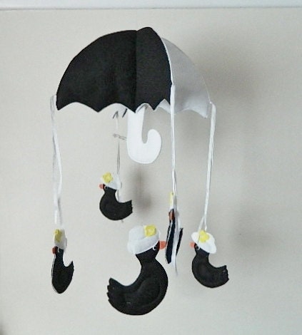 Baby Children's Hanging Mobile Umbrella Parasol Canopy Black and White Decoration. Mother Duck and four ducklings under an umbrella.