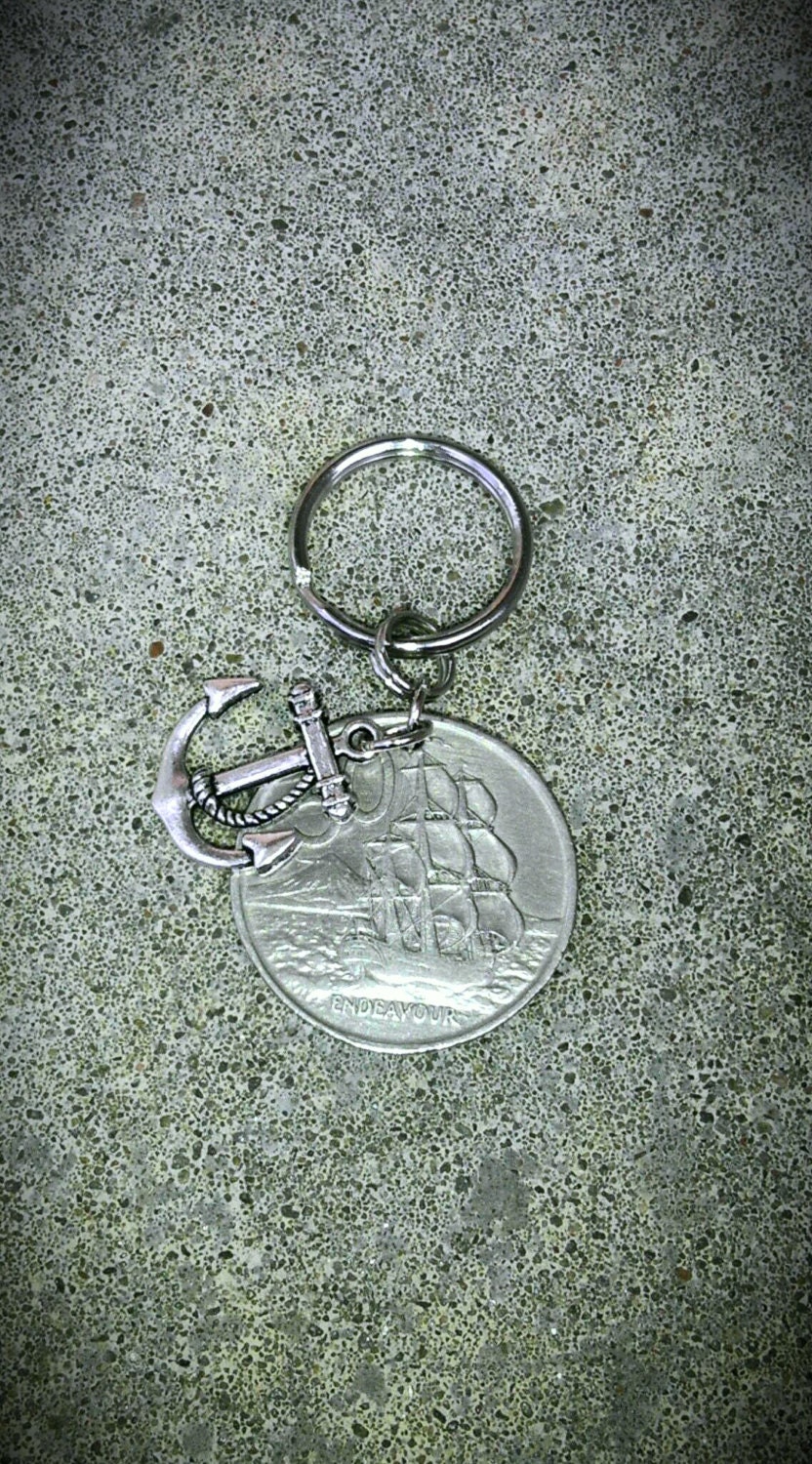 Vintage KEYCHAIN 1967 New Zealand ENDEAVOR silver tone Foreign coin money Nautical Sailboat Ship Anchor charm pendant Key Ring Jewelry