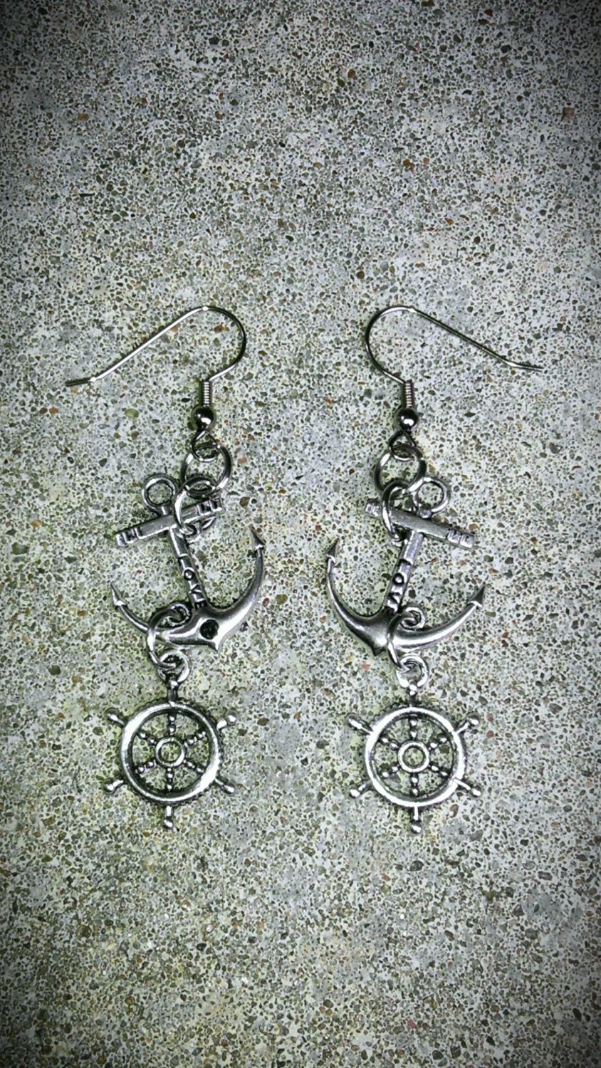 EARRINGS Nautical Anchor Sailboat Ship Boat Wheel Ocean silver tone jewelry pendant charm men women fashion