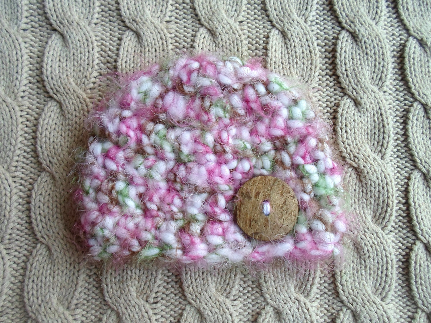 Cute Super Chunky Pinks, Green and Brown Fuzzy Crochet Newborn Girl Hat Beanie with a Cute Button, Ready to Ship