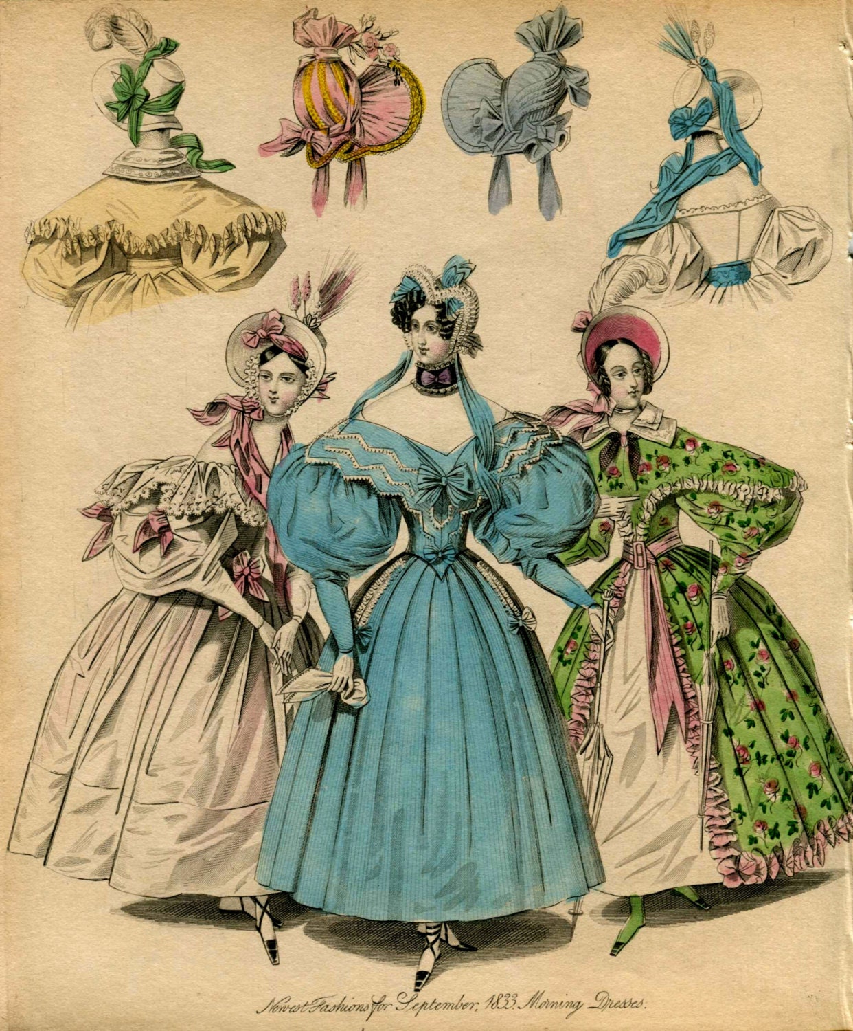 Victorian Fashion Plate Hand Coloured Bookplate Color Vintage Print Circa 1800 Hats Dresses Costumes Morning Dress