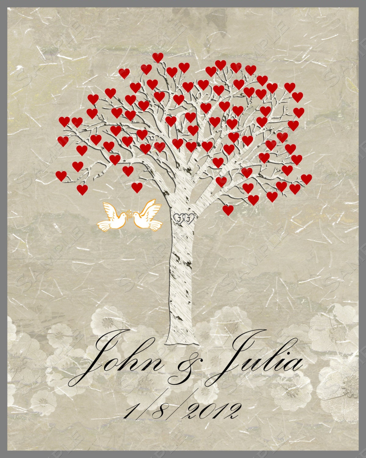 Custom Wedding Tree Personalized Print with Love Birds and Hearts