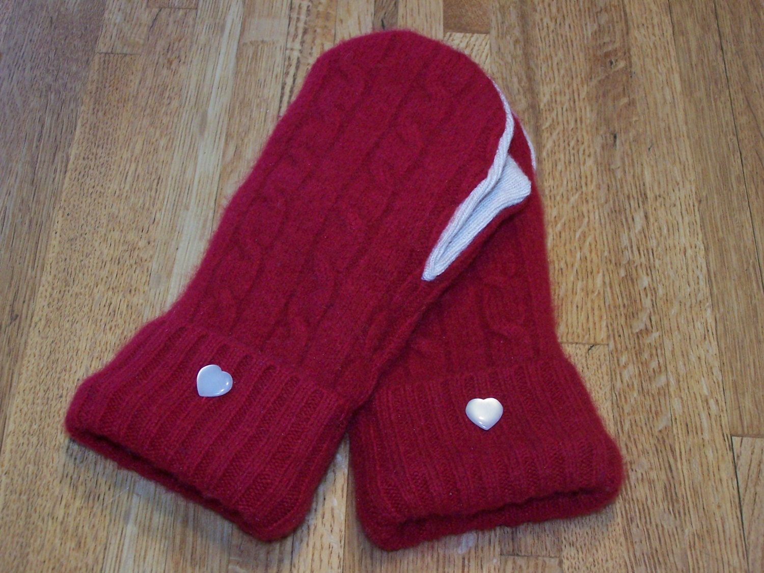 CHILDRENS / KIDS Felted Wool Mittens Made With Recycled Sweaters - Fleece Lined - Red,Tan - Red CASHMERE - Sweater Mittens - Heart Buttons