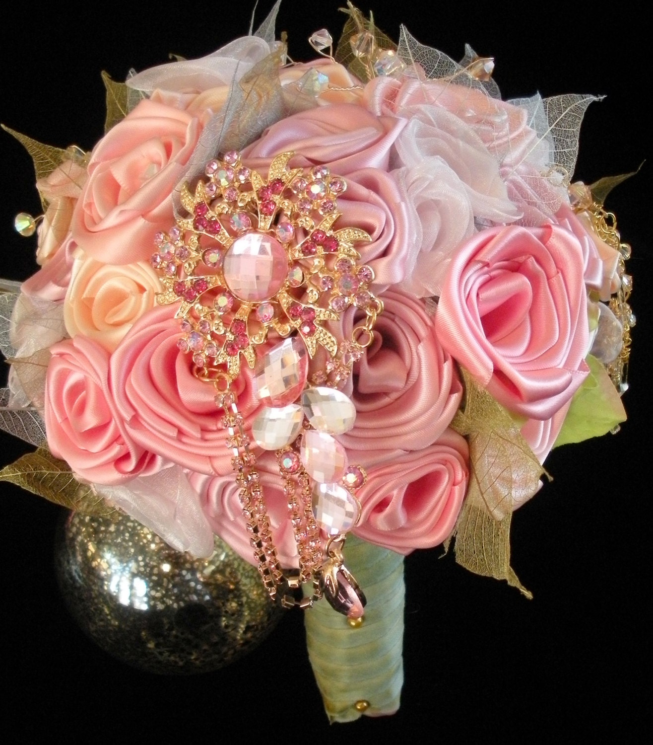 Jessie's Pink Garden Satin Rose Jeweled Bridal Bouquet