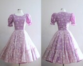 SALE 1950s Daisy Dress -- 50s 60s Vintage Flocked Purple & White Daisy Floral Organza Tulle Full Circle Skirt Party Dress - XS/S