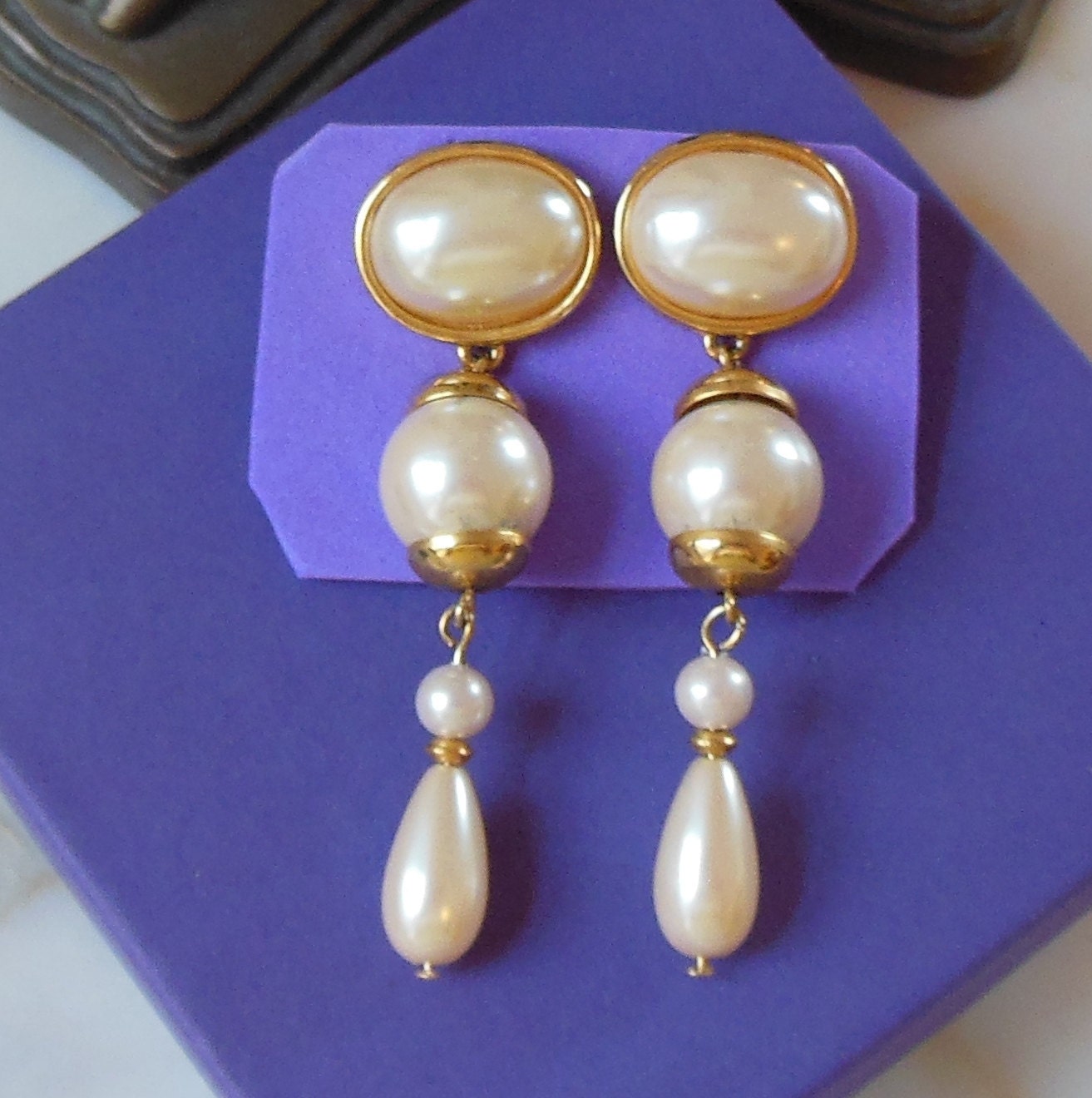 VINTAGE RICHELIEU EARRINGS - Signed Elegant Drop/Dangling/Hanging Pearls - Gold Tone Setting - Posts for Pierced Ears - Sublimely Pristine