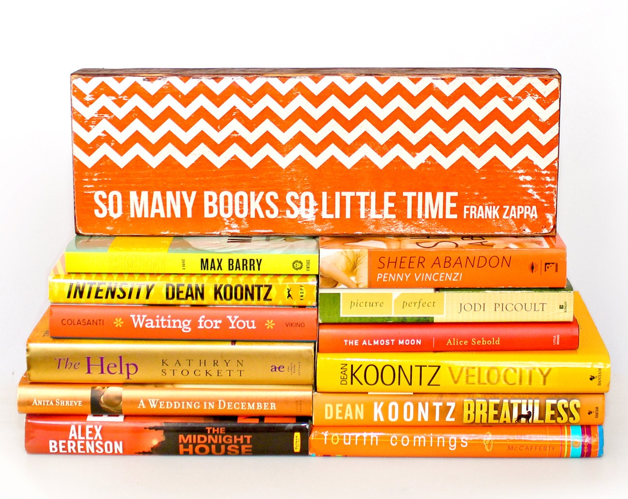 Orange chevron patterned Frank Zappa Quote, "So many books, so little time" image transfer on Salvaged Wood