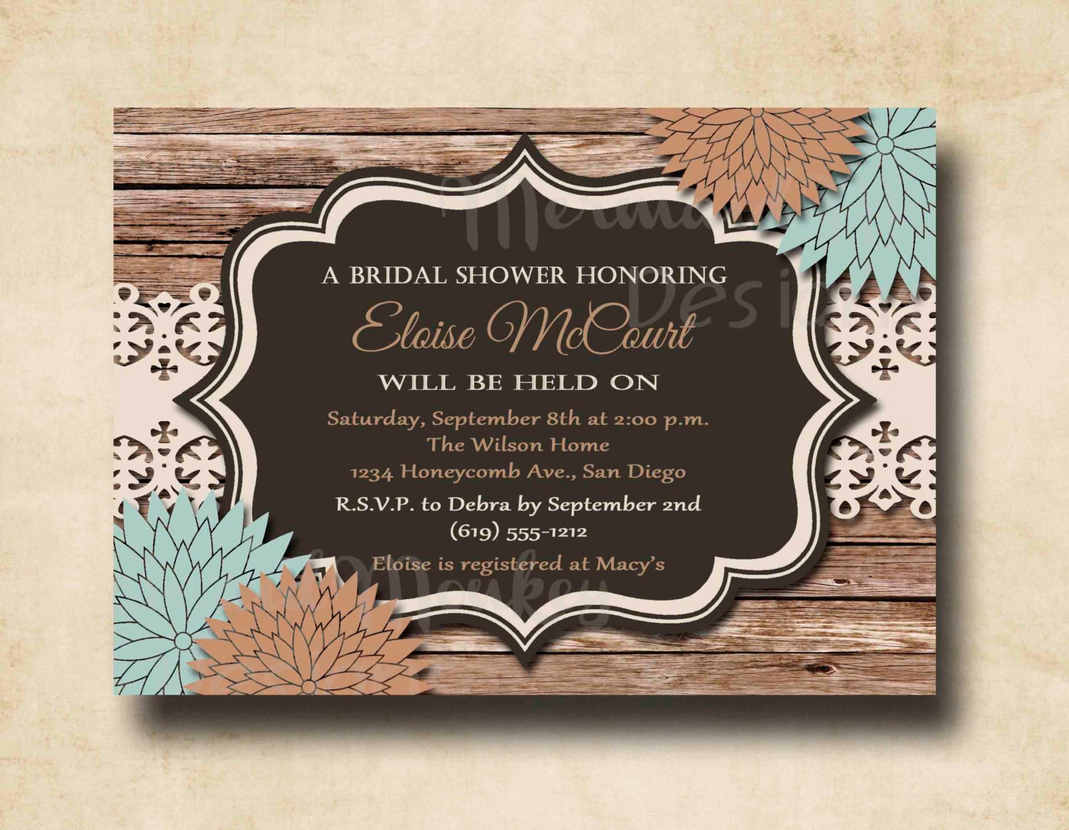 Rustic Bridal Shower Invitation Wedding by MermaidMonkeyDesigns