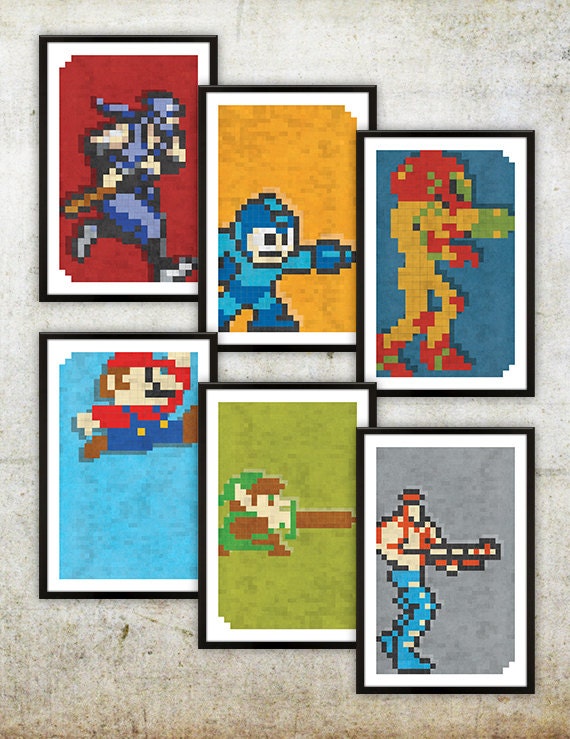 Retro NES Series 2 Poster Set: Ninja Gaiden, Mega Man, Metroid, Mario, Zelda & Contra inspired prints 11X17"