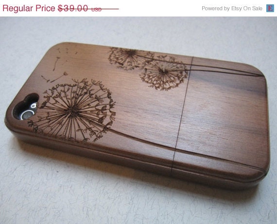 ON SALE Iphone 4 case - wooden cases bamboo, cherry and walnut wood - Dandelion - laser engraved