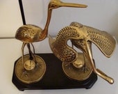 Giant 2 Foot Mid Century Brass Crane Lamp on Wood Pedestal Asian Cranes Hollywood Regency All Original TALL Table Lamp