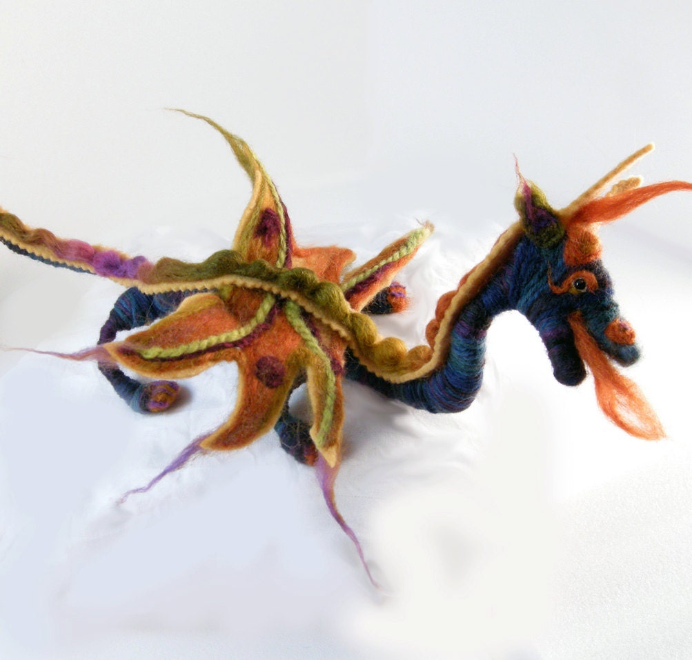 Year of the Dragon needle felted blue & gold wool, silk art doll soft sculpture
