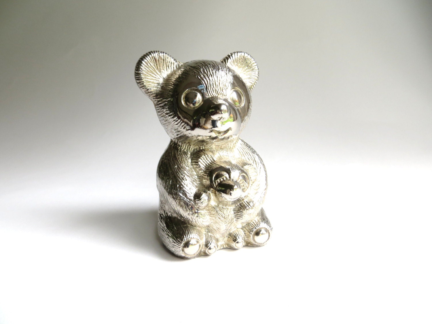 Vintage Teddy Bear Bank, Silver Plated, Small, Children's Bank, Coin Bank