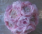 Bridal wedding bouquet fabric pink open roses  AB crystal rhinestone brooch centre