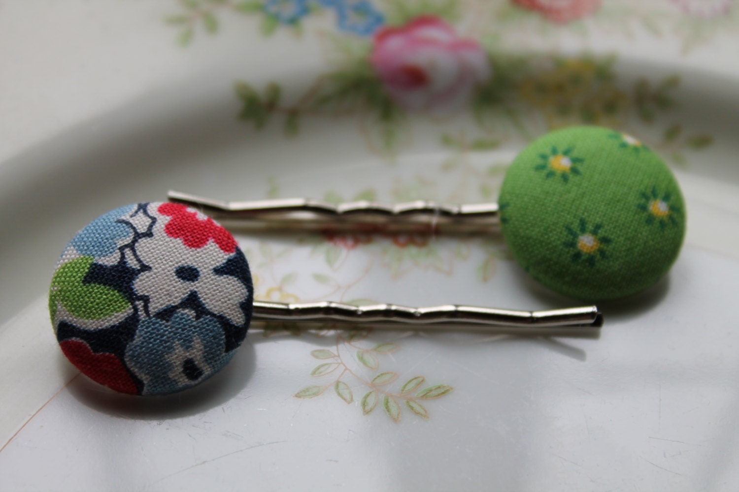 fresh bright spring button covered silver bobby pin hair navy red green floral sun burst small flowers girl teen