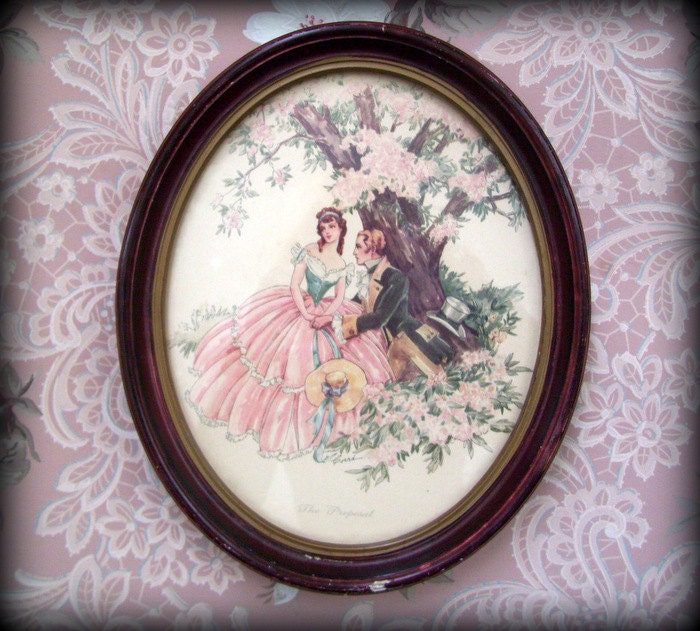 Vintage 1940's Corre Framed Watercolor Print Victorian 'The Proposal'