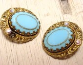 Vintage Light Blue Plastic Oval Clip Earrings (retro gold tone 50s 60s filigree ab rhinestone west germany wedding bridal spring easter)