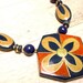 Vintage Navy Blue Plastic Bead Necklace with Large Flower Pendant (retro 60s 70s 80s dark gold paint brown geometric chunky big choker)