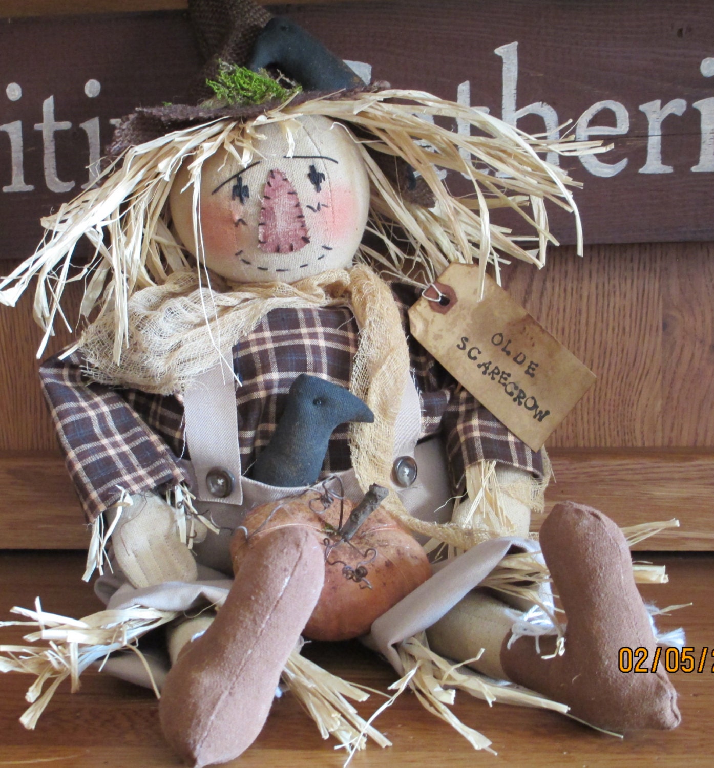 Primitive Fall / Halloween Folk Art Country Scarecrow doll with crows and orange pumpkin flattie"