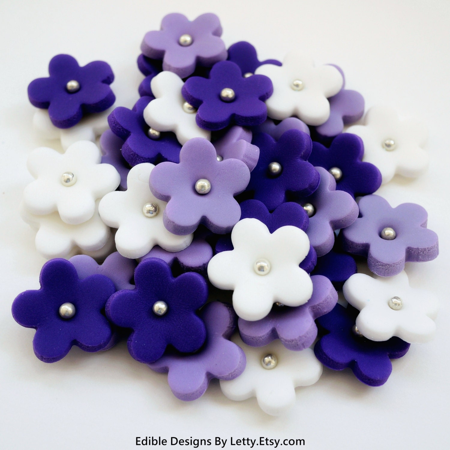 36 Edible Fondant Flowers - Purple, Violet & White Flower Blossoms - EdibleDesignsByLetty