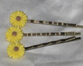Trio of Sunflower Bobby Pins, Antique Bronze Hair Accessories, Set of 3 Sunny Yellow Daisy Bobby Pins