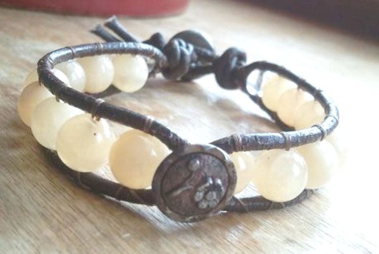 Chakra Bracelet with Calming and Soothing  Butter Yellow Citrene Semi-precious Stones and Two Vintage Buttons in Brown