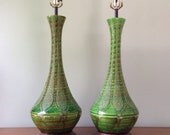 Amazing Green Glazed Mid Century Lamp Pair w/ Shades