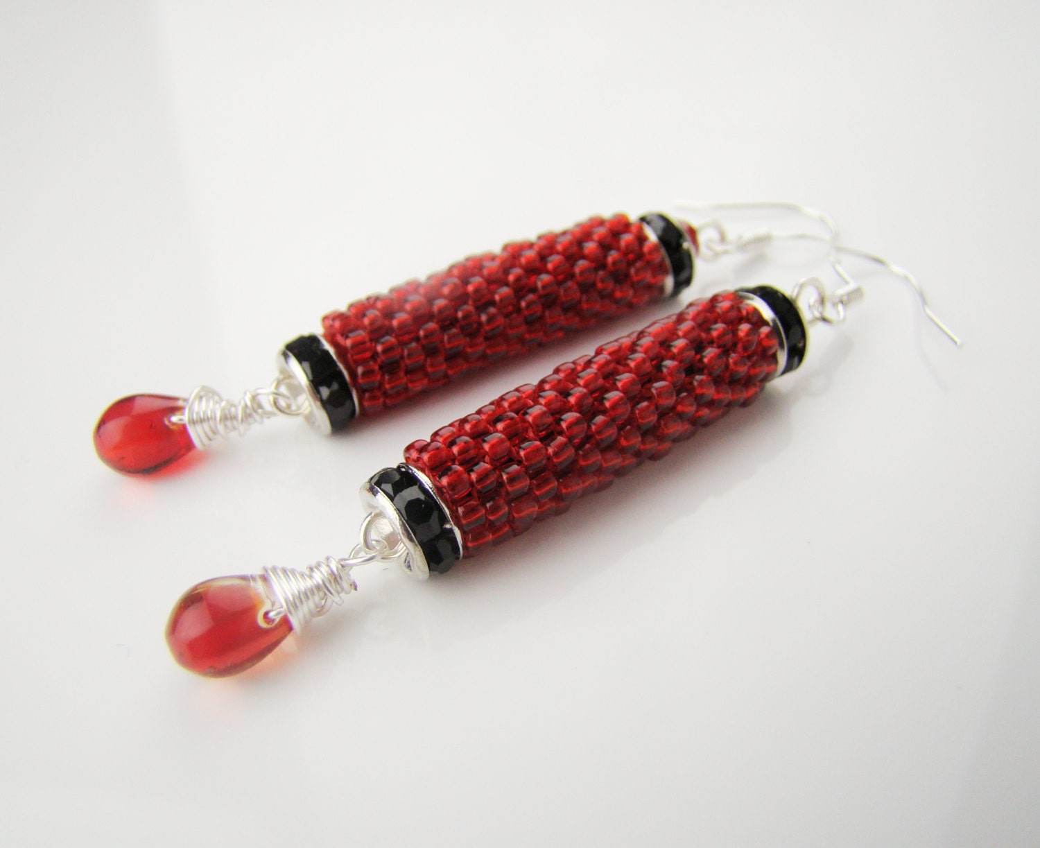 Ruby red seed bead elongate earrings, beadweaved earrings, long earrings, dangle earrings, glass, handcrafted artisan jewelry, 7PM boutique - 7PMboutique