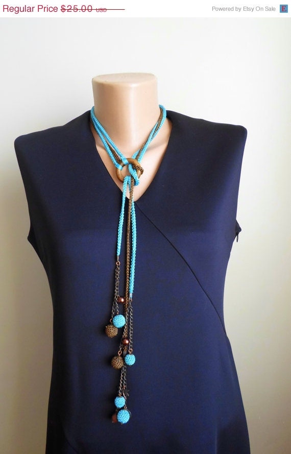 ON SALE 25% Crochet necklce. Long 3 strand Lariat necklace. Turquoise brown multi strand crochet lariat necklace