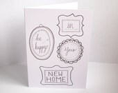Frames new home art card. illustrated picture frames blank card. be happy in your new home.art card. illustrated home indie greeting card.