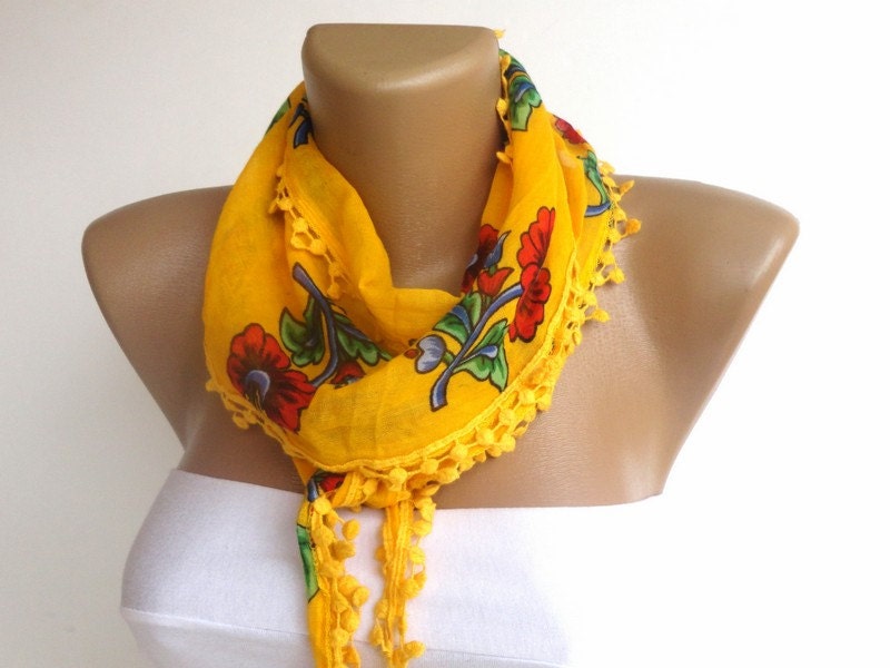 yellow cotton scarf, floral print , women spring summer accessories ,green red yellow , pom pom trim
