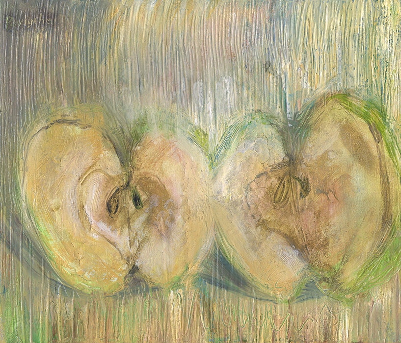 Original Painting - Still Life with Green Apples - Contemporary Art Wall Hanging Oil on canvas Fruits - 15.7x13.8 inches (40x35 cm)