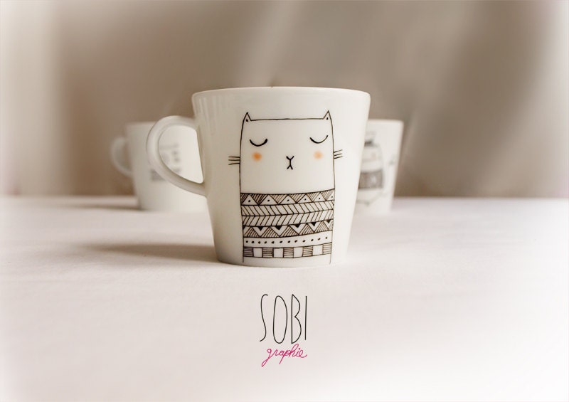 Cup "cat Aztec sweater" Limoges Porcelain