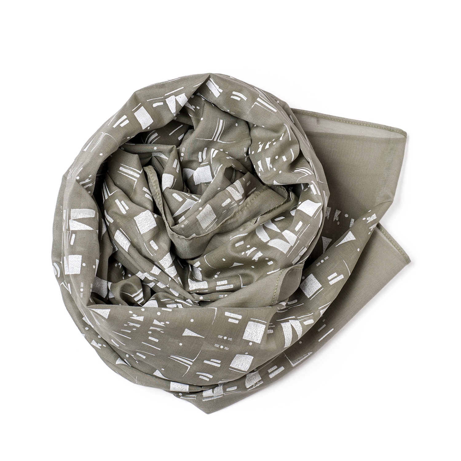 SALE Hand Screen Printed Cotton Voile Sage Green Scarf, Lightweight Wrap, Shawl. Fashion, Women Accessories