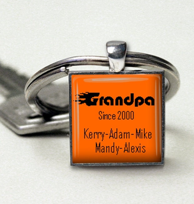 Grandpa Custom Personalized Keychain with Childrens Names Orange with Black Flame Font Handmade Keyring Gift for Him